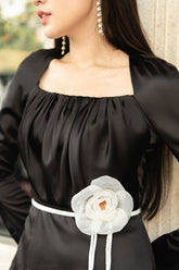 Silk Midi Dress with Square Neckline, Long Sleeves, and Handcrafted Floral Belt Detail